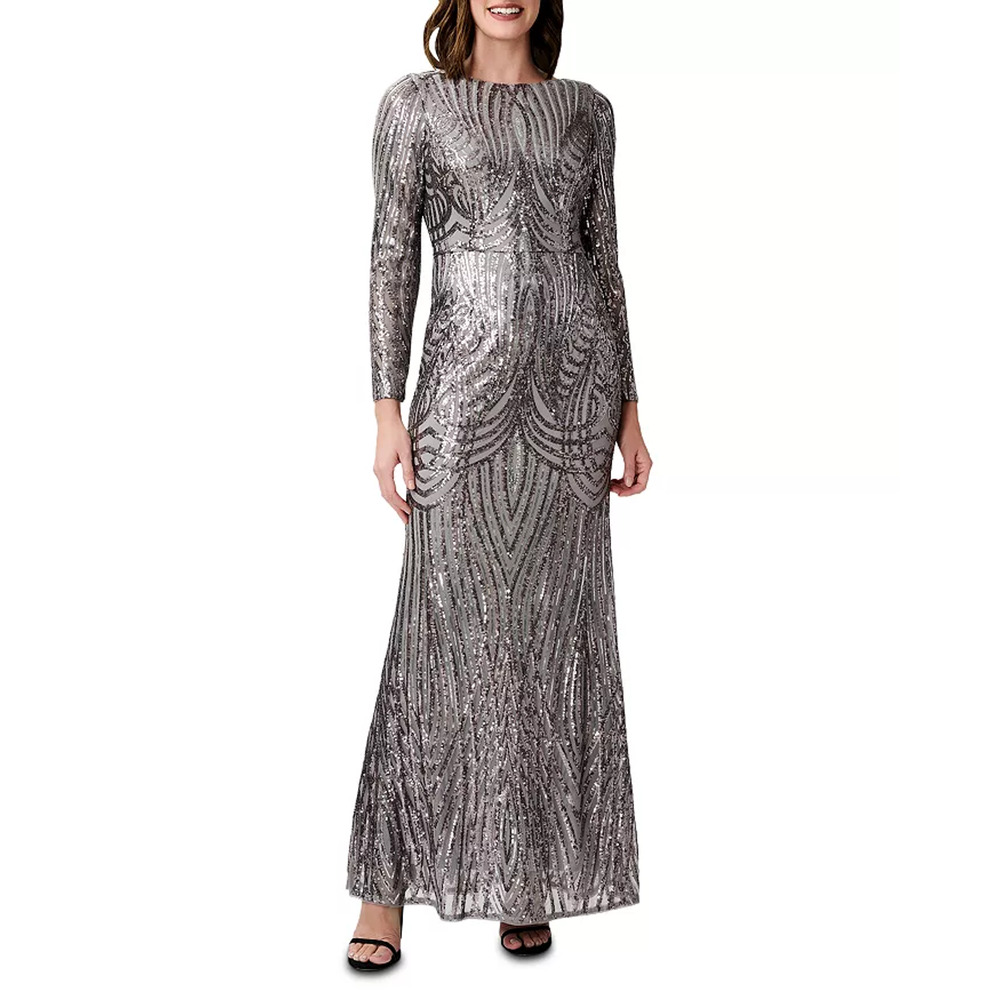 $249 Adrianna Papell Stone Silver Sequin Mesh Mermaid Gown 4 NWT